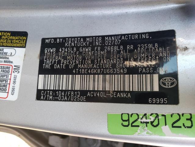 4T1BE46K87U663549 - 2007 TOYOTA CAMRY CE SILVER photo 12