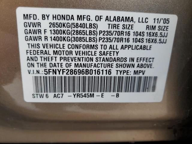 5FNYF28696B016116 - 2006 HONDA PILOT EX TAN photo 13