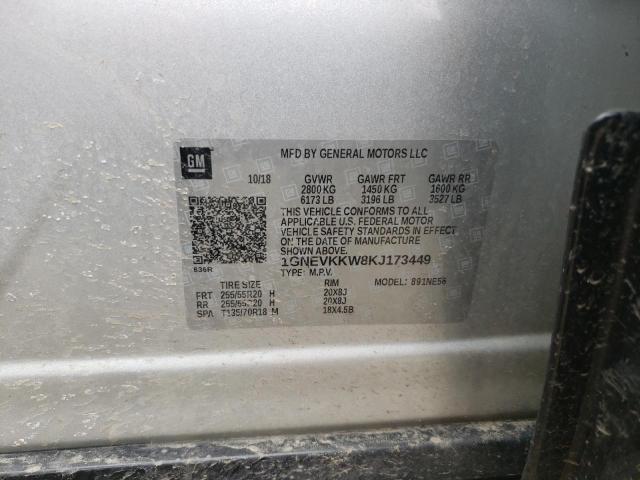 1GNEVKKW8KJ173449 - 2019 CHEVROLET TRAVERSE PREMIER SILVER photo 10