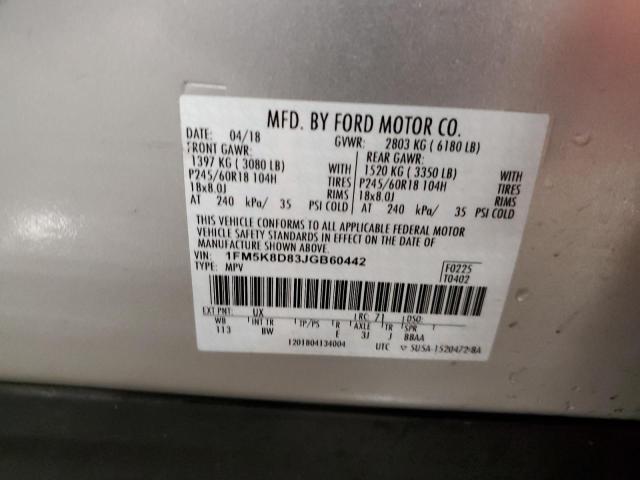 1FM5K8D83JGB60442 - 2018 FORD EXPLORER XLT SILVER photo 12