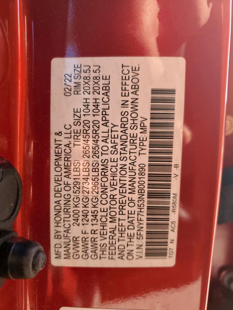 5FNYF7H53NB001890 - 2022 HONDA PASSPORT EXL Kırmızı fotoğraf 13