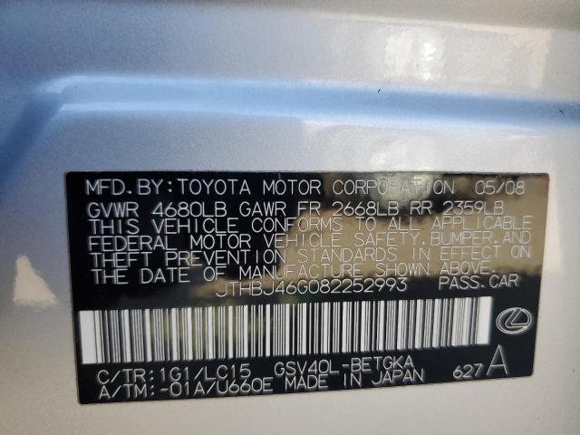 JTHBJ46G082252993 - 2008 LEXUS ES 350 SILVER photo 12