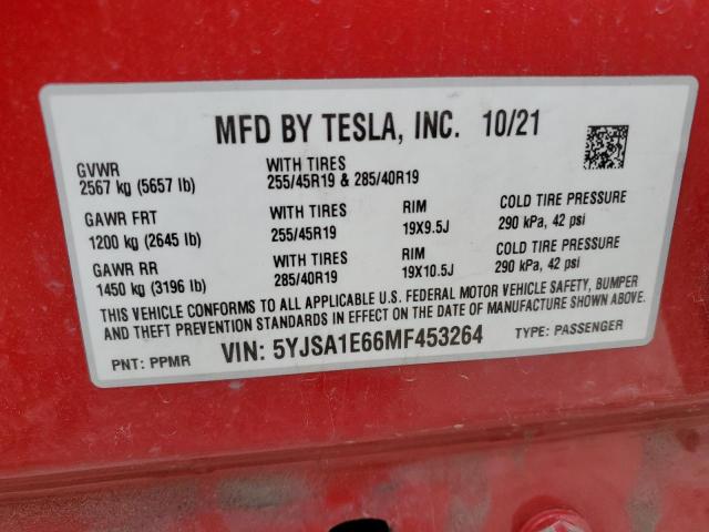 5YJSA1E66MF453264 - 2021 TESLA MODEL S Qırmızı foto 13