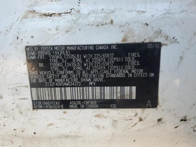 2T3ZF4DV5AW034273 - 2010 TOYOTA RAV4 WHITE photo 13