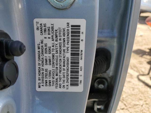 2HGFB2F9XCH595401 - 2012 HONDA CIVIC EXL SILVER photo 12