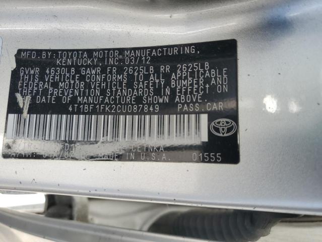 4T1BF1FK2CU087849 - 2012 TOYOTA CAMRY BASE SILVER photo 12