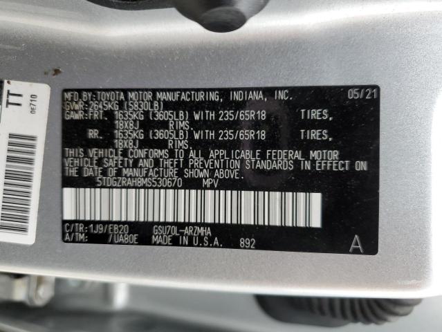 5TDGZRAH8MS530670 - 2021 TOYOTA HIGHLANDER XLE ვერცხლისფერი ფოტო 13
