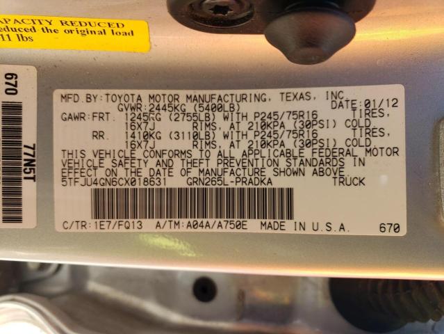 5TFJU4GN6CX018631 - 2012 TOYOTA TACOMA DOUBLE CAB PRERUNNER SILVER photo 12