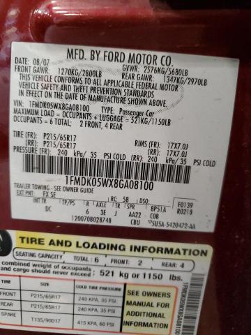 1FMDK05WX8GA08100 - 2008 FORD TAURUS X SEL MAROON photo 12