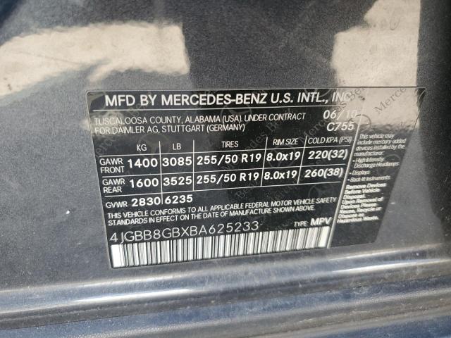 4JGBB8GBXBA625233 - 2011 MERCEDES-BENZ ML 350 4MATIC BLACK photo 12