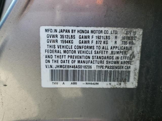 JHMGE8H46AS018206 - 2010 HONDA FIT SPORT SILVER photo 12