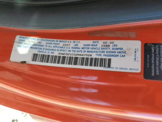 3VWCD21C02M447026 - 2002 VOLKSWAGEN BEETLE GLS ORANGE photo 12