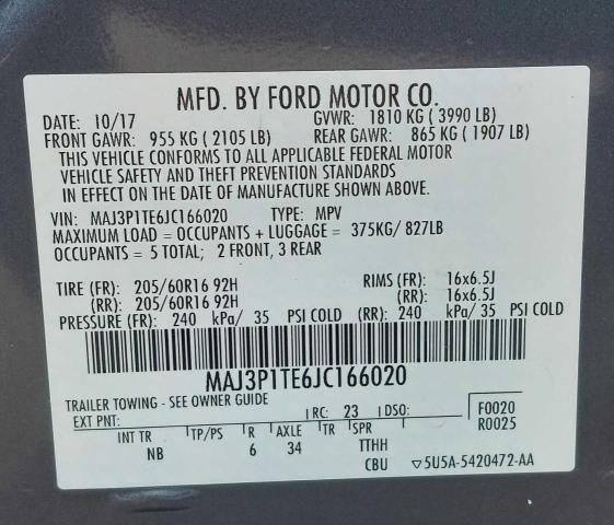 MAJ3P1TE6JC166020 - 2018 FORD ECOSPORT SE GRAY photo 10