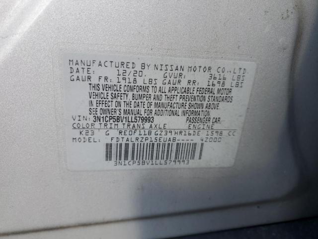 3N1CP5BV1LL579993 - 2020 NISSAN KICKS S SILVER photo 12