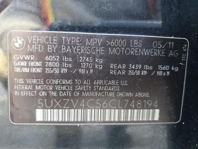 5UXZV4C56CL748194 - 2012 BMW X5 XDRIVE35I BLACK photo 12