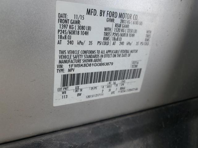 1FM5K8D81GGB63879 - 2016 FORD EXPLORER XLT SILVER photo 13