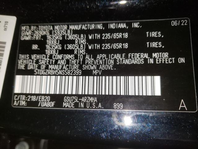 5TDGZRBH5NS582399 - 2022 TOYOTA HIGHLANDER XLE Սև լուսանկար 13