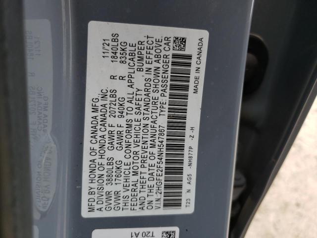 2HGFE2F54NH547867 - 2022 HONDA CIVIC SPORT 蓝色 照片 12