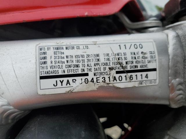 JYARJ04E31A016114 - 2001 YAMAHA YZFR6 L RED photo 10