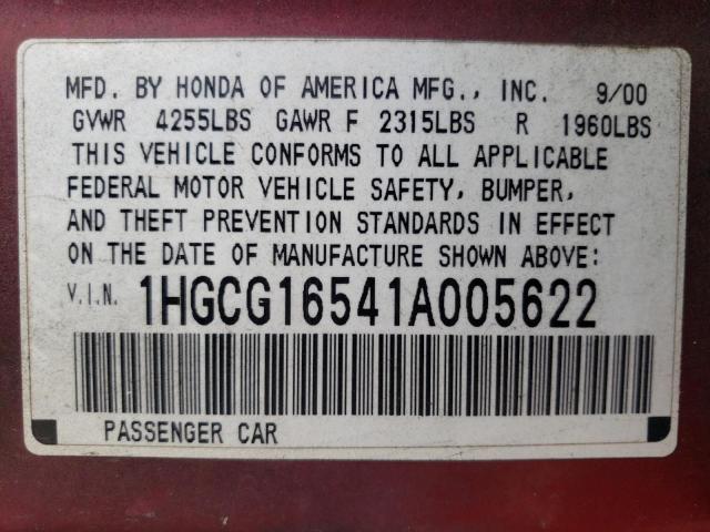 1HGCG16541A005622 - 2001 HONDA ACCORD EX BURGUNDY photo 12