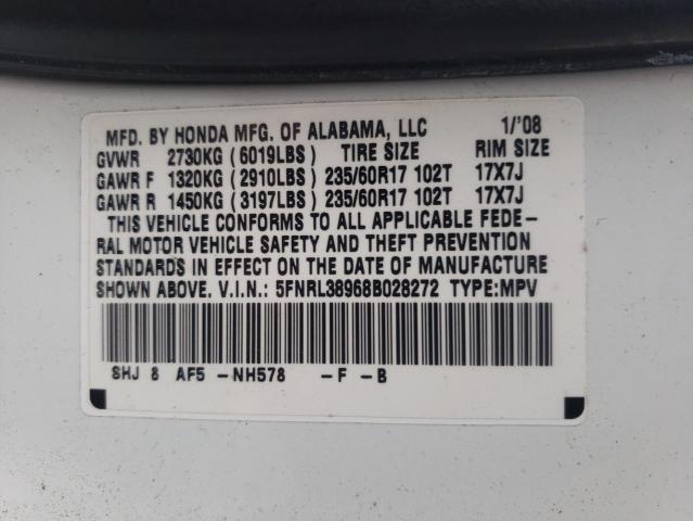 5FNRL38968B028272 - 2008 HONDA ODYSSEY TOURING WHITE photo 13