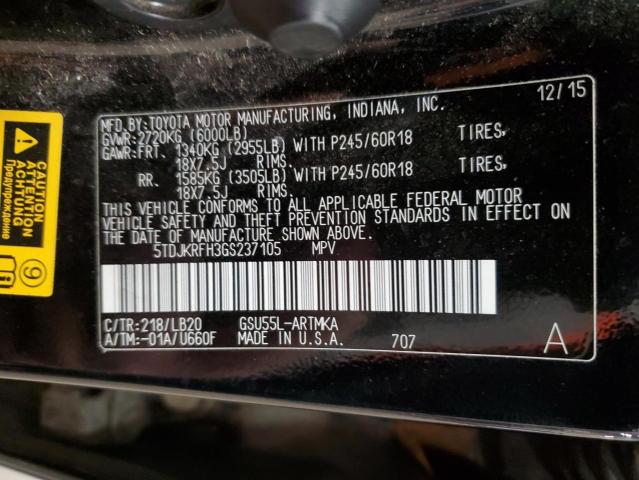 5TDJKRFH3GS237105 - 2016 TOYOTA HIGHLANDER XLE BLACK photo 13