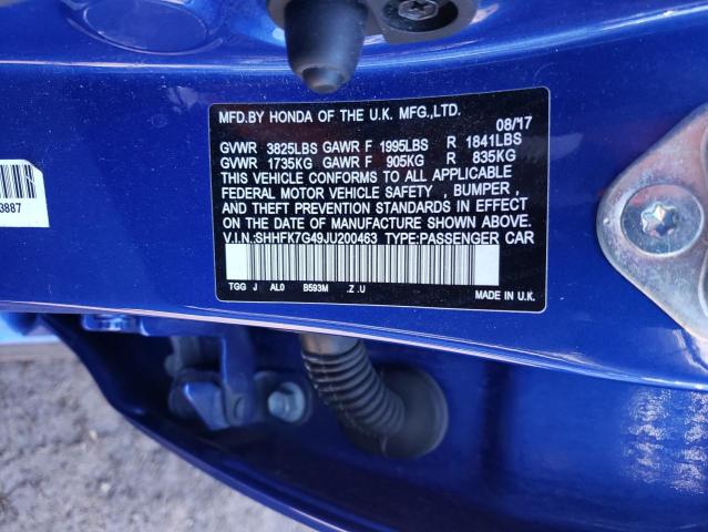 SHHFK7G49JU200463 - 2018 HONDA CIVIC SPORT 蓝色 照片 13