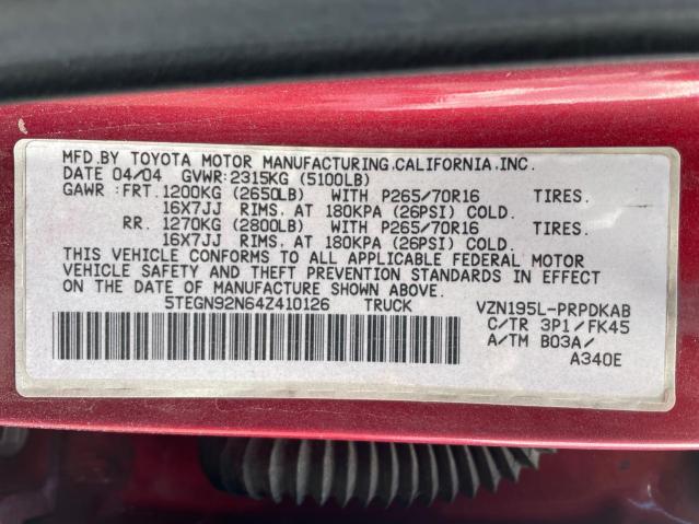 5TEGN92N64Z410126 - 2004 TOYOTA TACOMA DOUBLE CAB PRERUNNER BURGUNDY photo 10