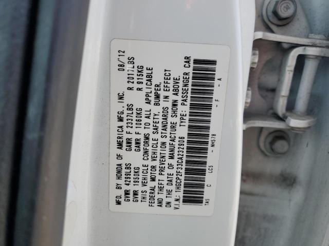 1HGCP2F33CA232906 - 2012 HONDA ACCORD LX WHITE photo 12