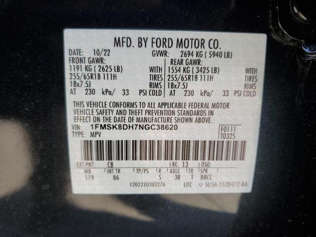 1FMSK8DH7NGC38620 - 2022 FORD EXPLORER XLT BLUE photo 13