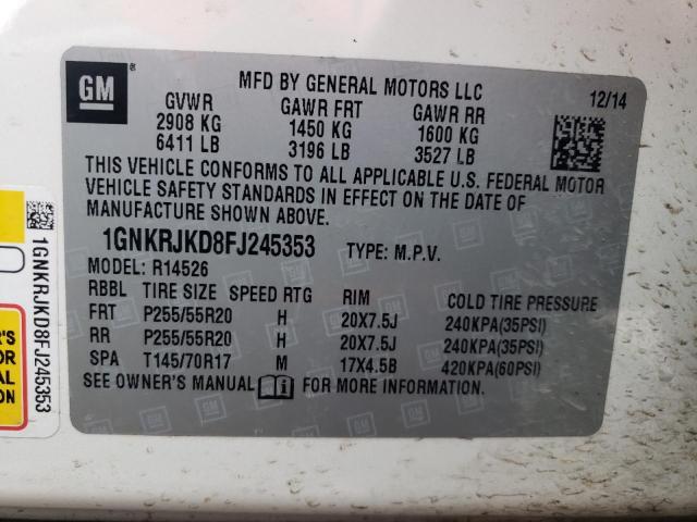 1GNKRJKD8FJ245353 - 2015 CHEVROLET TRAVERSE LTZ WHITE photo 14