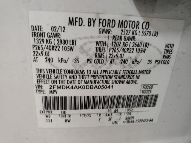 2FMDK4AK0DBA05041 - 2013 FORD EDGE SPORT WHITE photo 13