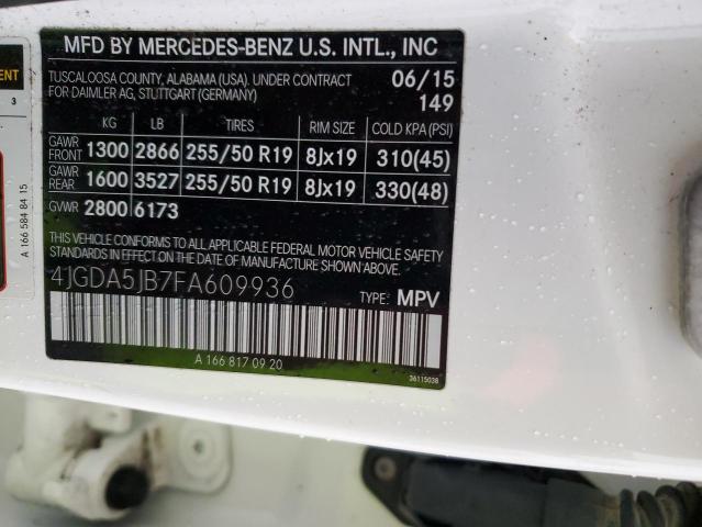 4JGDA5JB7FA609936 - 2015 MERCEDES-BENZ ML 350 WHITE photo 14