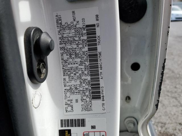 3TMJU62N46M012906 - 2006 TOYOTA TACOMA DOUBLE CAB PRERUNNER WHITE photo 12