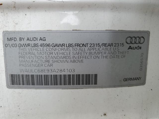 WAULC68E93A284103 - 2003 AUDI A4 1.8T QUATTRO WHITE photo 12