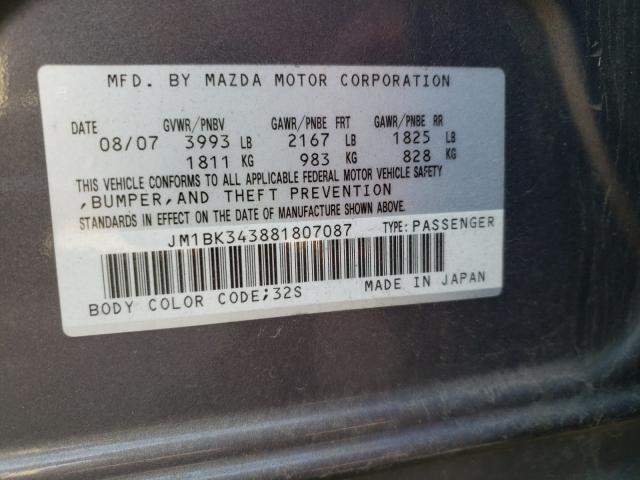 JM1BK343881807087 - 2008 MAZDA 3 HATCHBACK GRAY photo 10