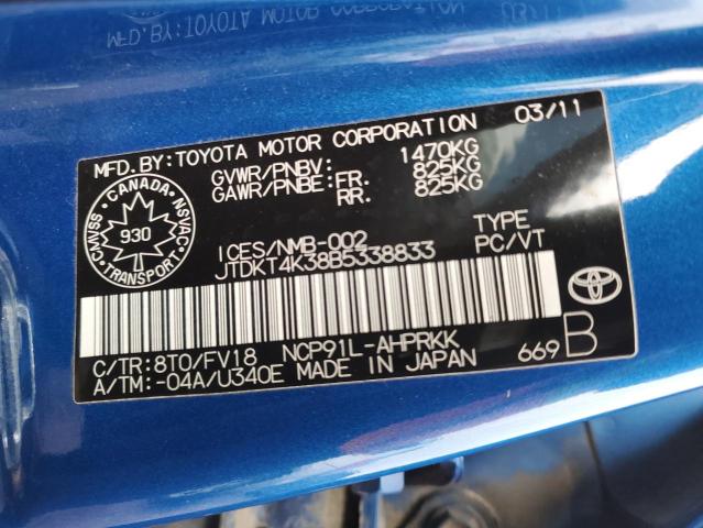 JTDKT4K38B5338833 - 2011 TOYOTA YARIS BLUE photo 12