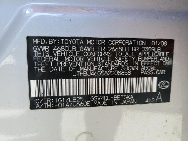 JTHBJ46G582208858 - 2008 LEXUS ES 350 SILVER photo 12