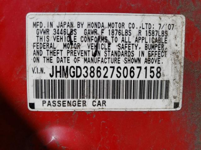 JHMGD38627S067158 - 2007 HONDA FIT S 红色 照片 12
