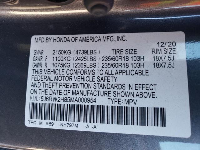 5J6RW2H85MA000954 - 2021 HONDA CR-V EXL GRAY photo 14