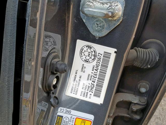 2HGFA1E61AH035672 - 2010 HONDA CIVIC LX-S Մոխրագույն լուսանկար 10