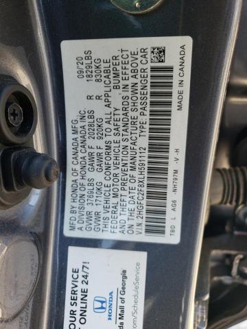 2HGFC2F8XLH591112 - 2020 HONDA CIVIC SPORT CHARCOAL photo 12