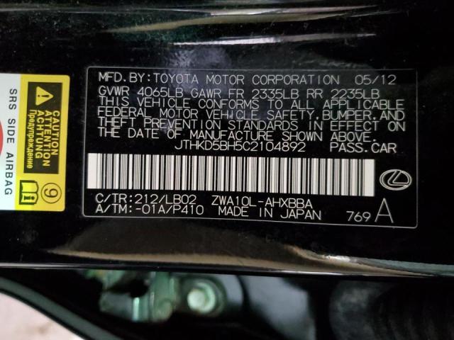 JTHKD5BH5C2104892 - 2012 LEXUS CT H 200 BLACK photo 12