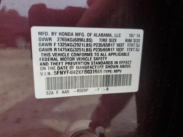 5FNYF4H2XFB031989 - 2015 HONDA PILOT LX MAROON photo 13