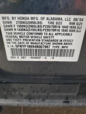 5FNYF18694B007987 - 2004 HONDA PILOT EXL GRAY photo 13