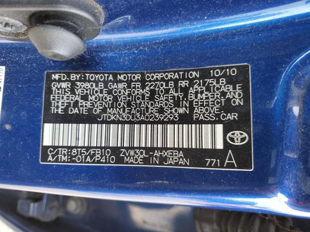 JTDKN3DU3A0239293 - 2010 TOYOTA PRIUS BLUE photo 12