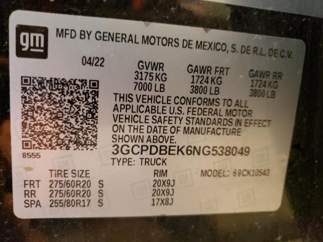 3GCPDBEK6NG538049 - 2022 CHEVROLET SILVERADO K1500 CUSTOM BLACK photo 12