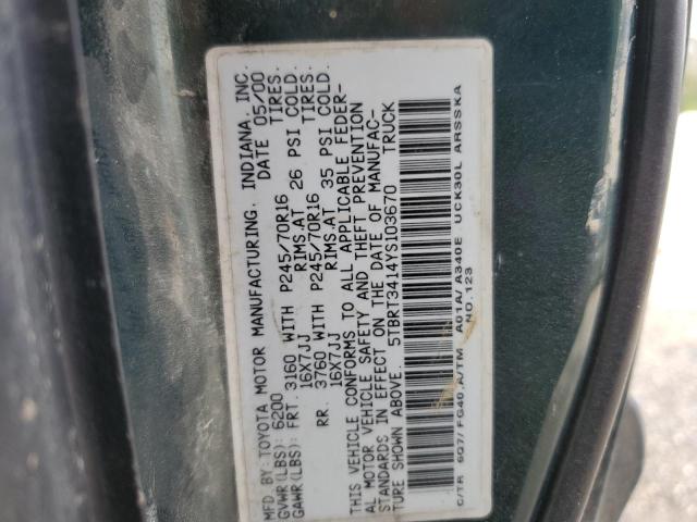 5TBRT3414YS103670 - 2000 TOYOTA TUNDRA ACCESS CAB GREEN photo 12