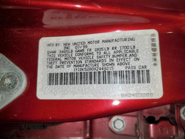 1Y1SK5280XZ449215 - 1999 CHEVROLET GEO PRIZM BASE RED photo 12