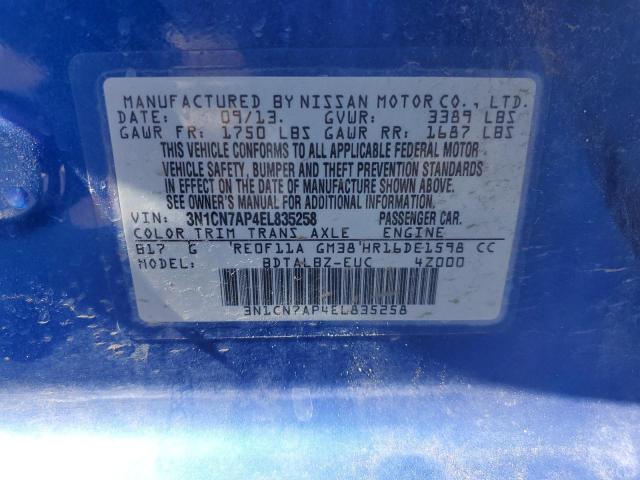 3N1CN7AP4EL835258 - 2014 NISSAN VERSA S BLUE photo 12